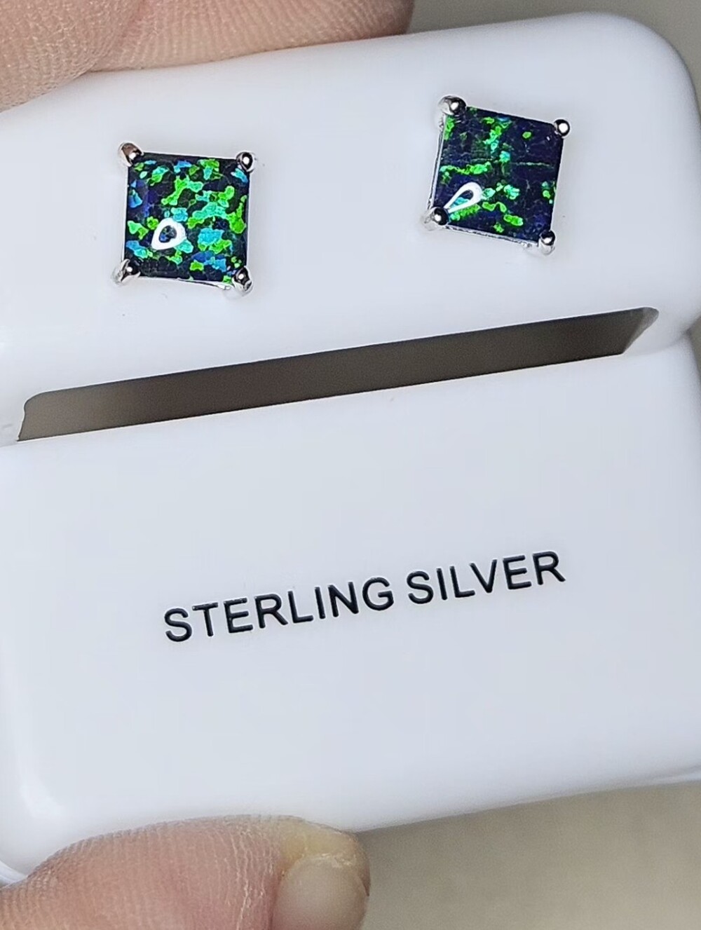 Sterling Silver Green Blue Opal Square Stud Earrings